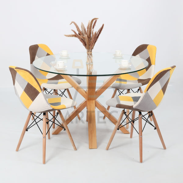 Véronis - Table en verre avec 4 chaises Patchwork