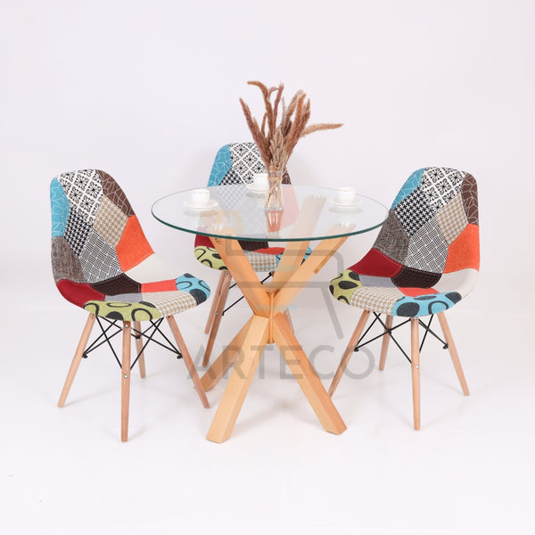 Véronis - Table en verre avec 3 chaises Patchwork