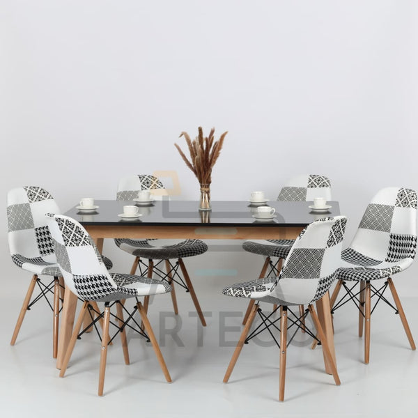Oasis Carrée NOIRE et 6 Chaises Patchwork
