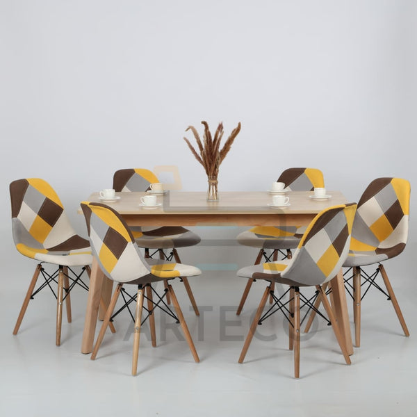 Oasis Carrée CHENE et 6 Chaises Patchwork