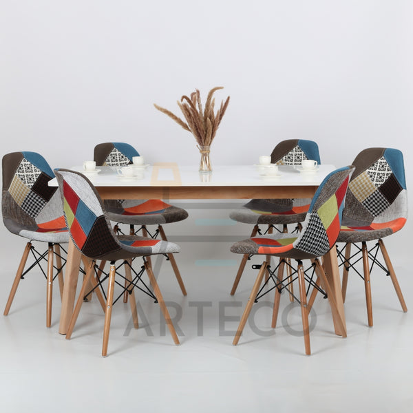 Oasis Carrée BLANCHE et 6 Chaises Patchwork