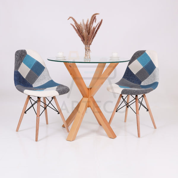 Véronis - Table en verre avec 2 chaises Patchwork