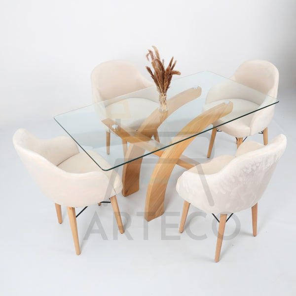 Lumina - Table Rectangulaire en Verre Et 4 Chaises Velours