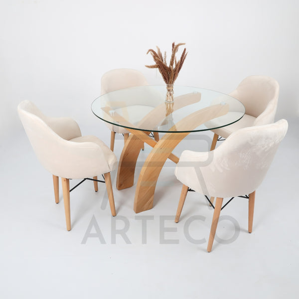 Armonie - Table Ronde en Verre Et 4 Chaises Velours